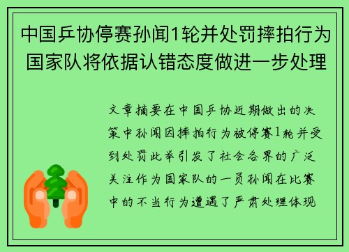 中国乒协停赛孙闻1轮并处罚摔拍行为 国家队将依据认错态度做进一步处理