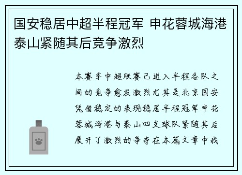国安稳居中超半程冠军 申花蓉城海港泰山紧随其后竞争激烈