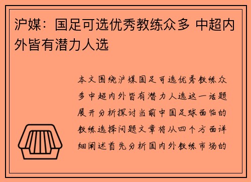 沪媒：国足可选优秀教练众多 中超内外皆有潜力人选